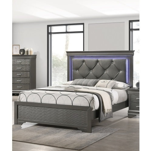 Queen Bed Frame with LED Tufted Headboard - Modern Gray Faux Leather Platform Bed