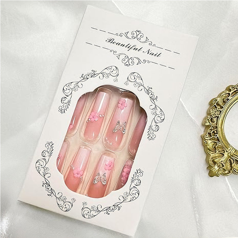 Press-On Nails | 24-Piece Butterfly Floral Diamond Set | Long Square