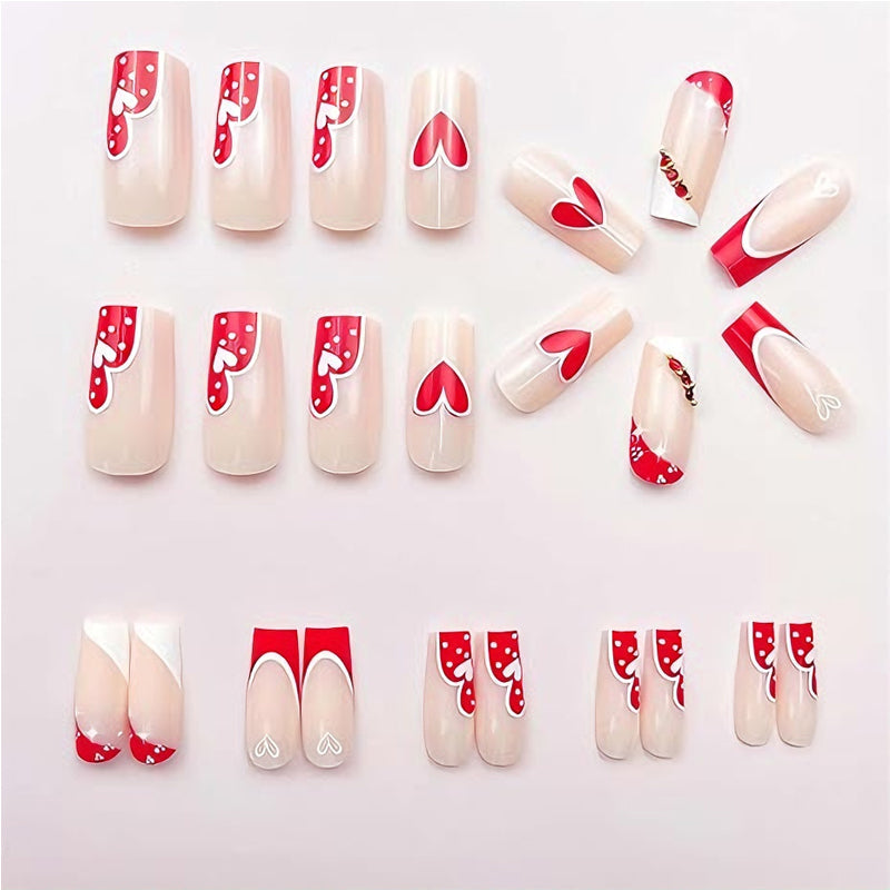 24 PCS Red & White Heart Press-On Nails | Long Square Fake Nail Tips