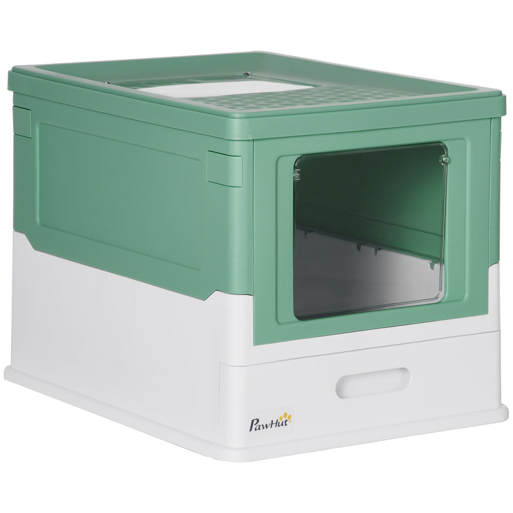 PawHut Enclosed Cat Litter Box - Odor Control, Top Entry, Pull-Out Drawer - Green