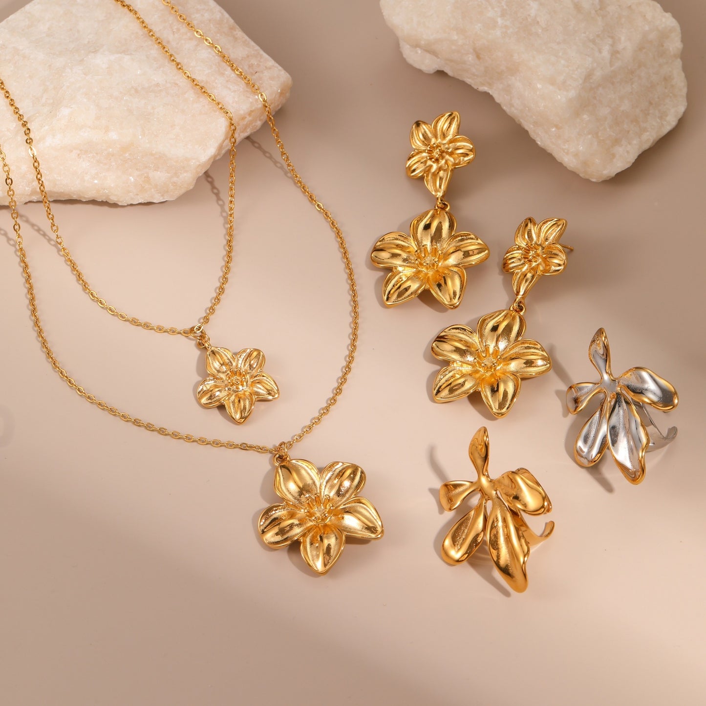 18K Gold Plated Flower Jewelry Set | Necklace, Earrings & Ring for Women