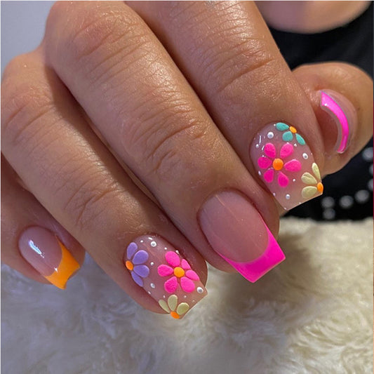 Press On Nails Short Square – French Flower Design, 24-Piece Set with Glue