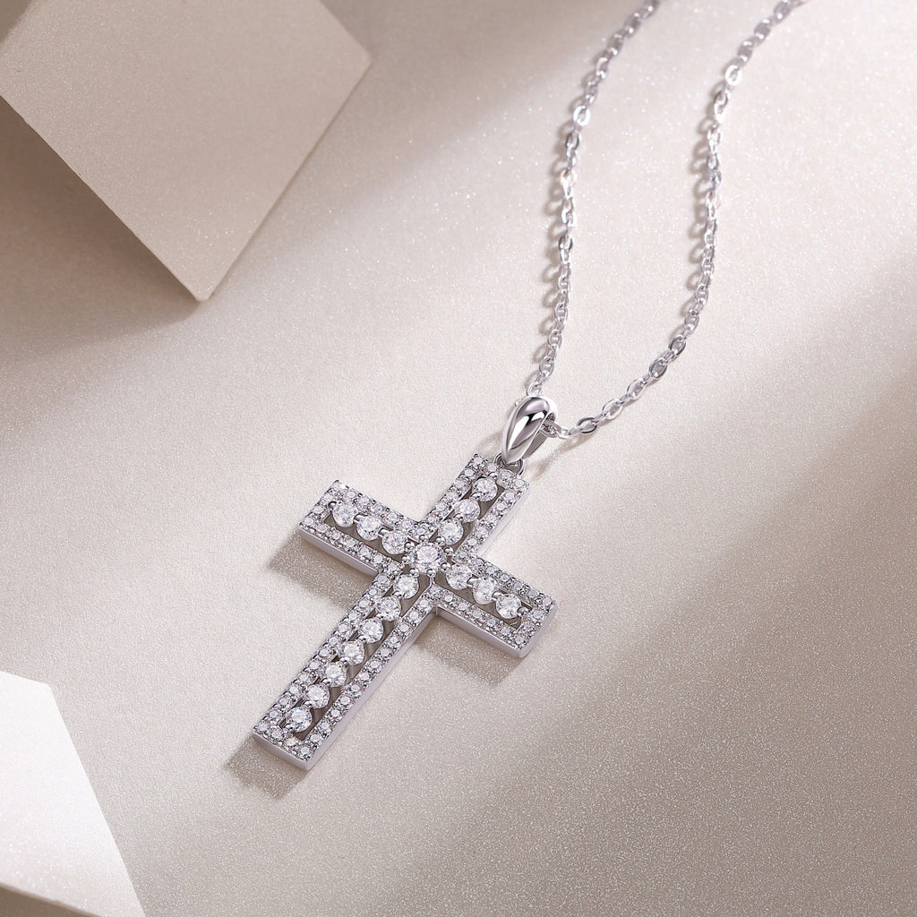 Moissanite Cross Pendant Necklace | S925 Sterling Silver Platinum Plated