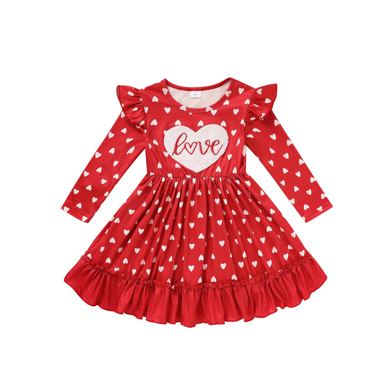 Toddler Girl's LOVE Embroidered Valentine Dress | Heart Print Long Sleeve A-Line with Ruffle Hem