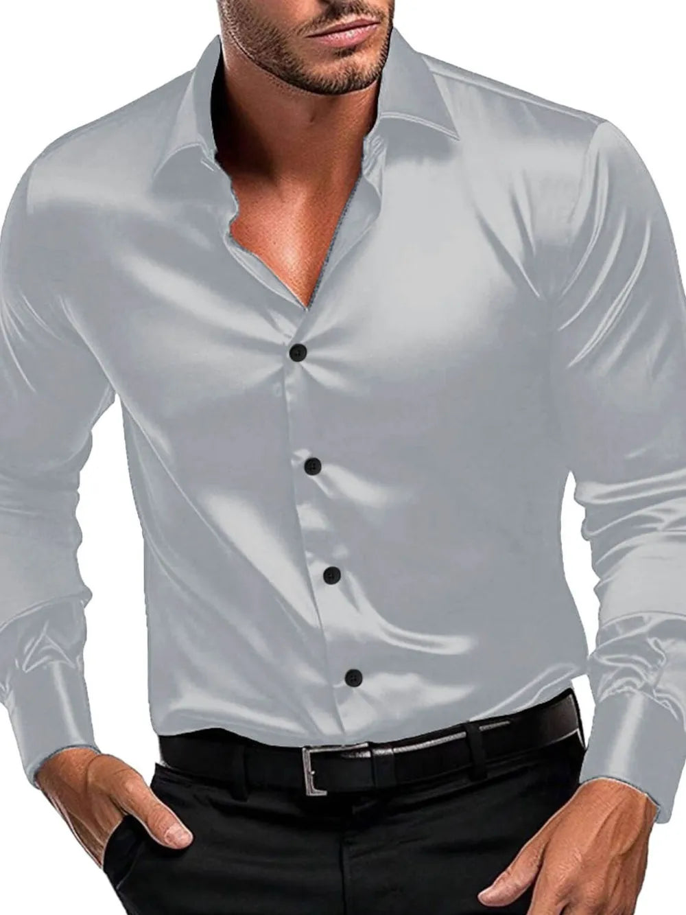 Men's Button-Down Long Sleeve Shirt – Lightweight Stretch Polyester