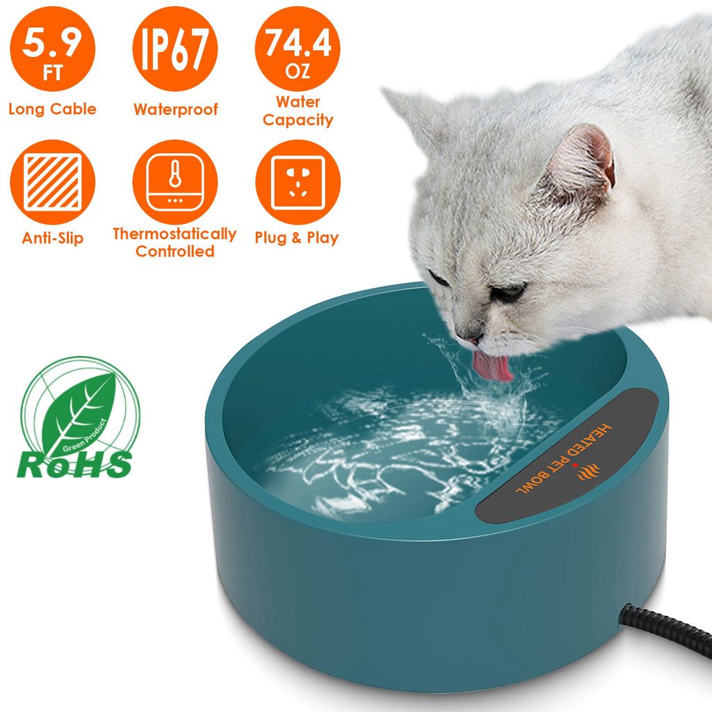 Heated Pet Water Bowl - 74oz Thermostat Controlled, Anti-Freeze for Dogs & Cats