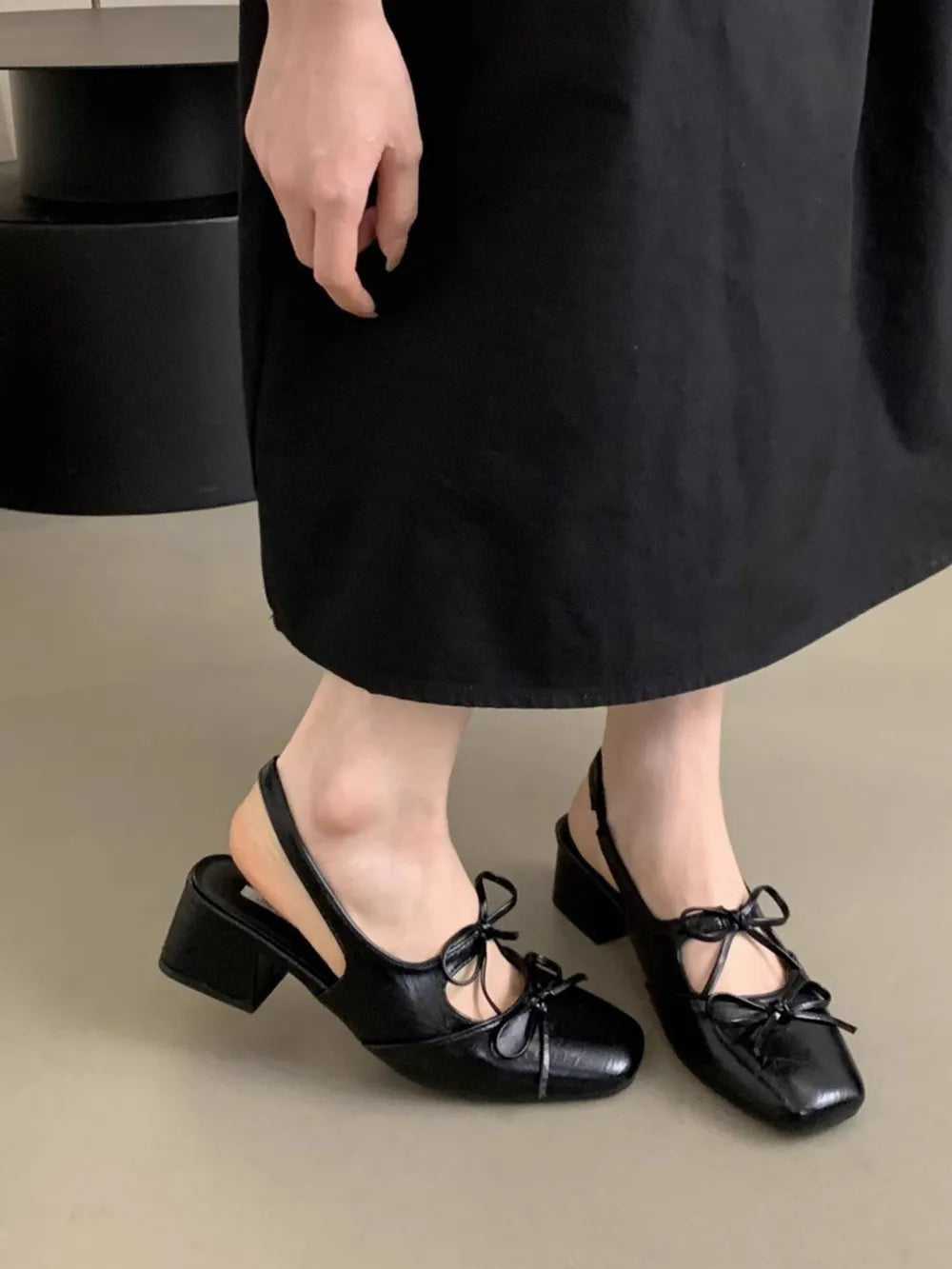 Women's Square Toe Bow-Tie Slingback Ballet Flats | Low Heel PU Leather Shoes