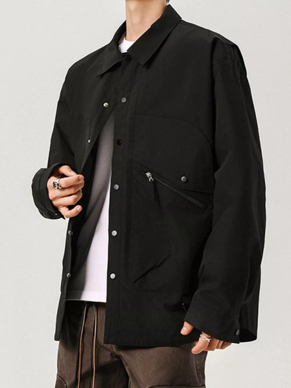 Men's Plus Size Snap-Down Jacket – 100% Polyester, Snap & Zip Closure | Sizes M–8XL