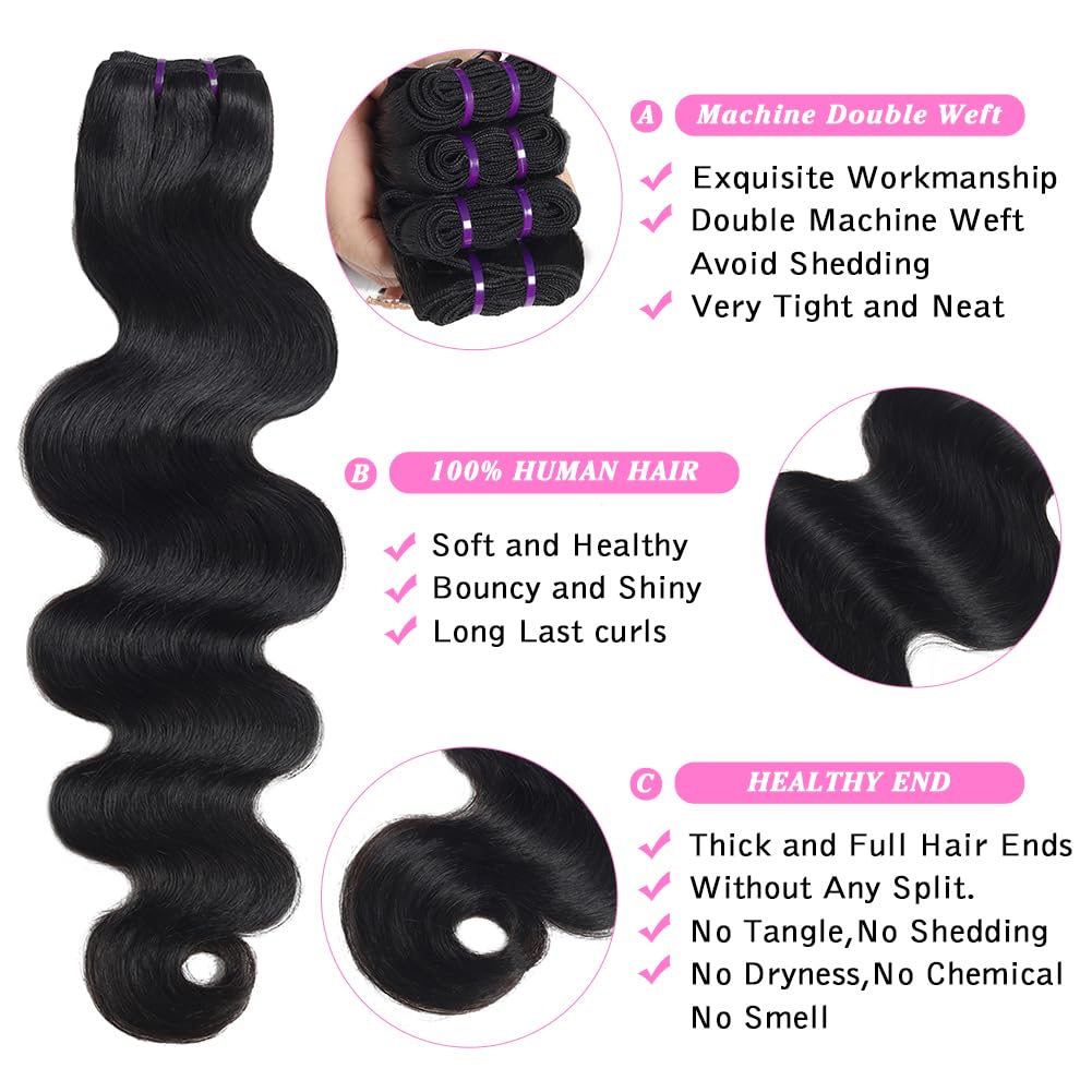 Body Wave Human Hair Bundle Extensions | 100% Virgin Hair | 100g Natural Black | 12–28 Inch