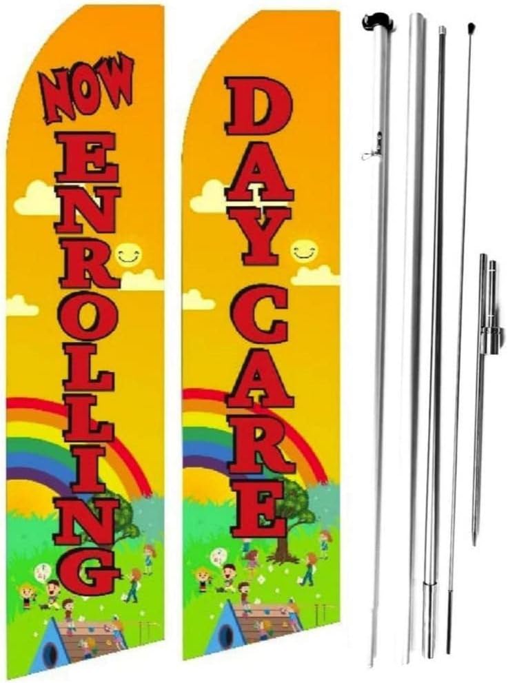 Now Enrolling Daycare Feather Flags 2-Pack with Poles - 11.5ft Tall Outdoor Advertising Banners