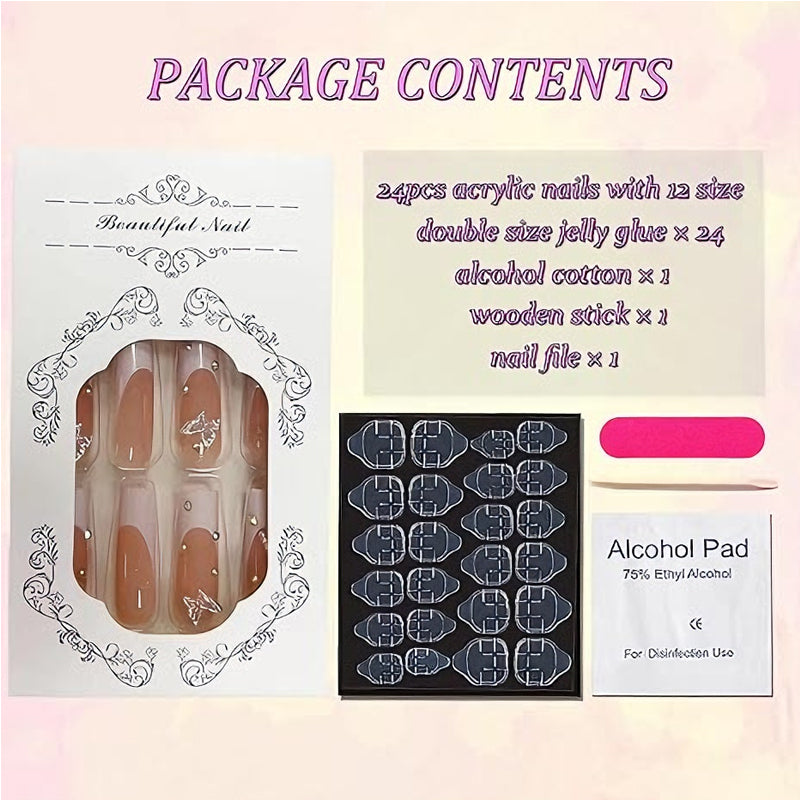 Diamond Butterfly Press-On Nails | 24-Piece Long Square Tip Set