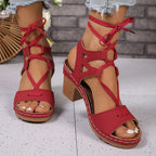 Women's Lace-Up Block Heel Sandals – Mid Heel PU Leather