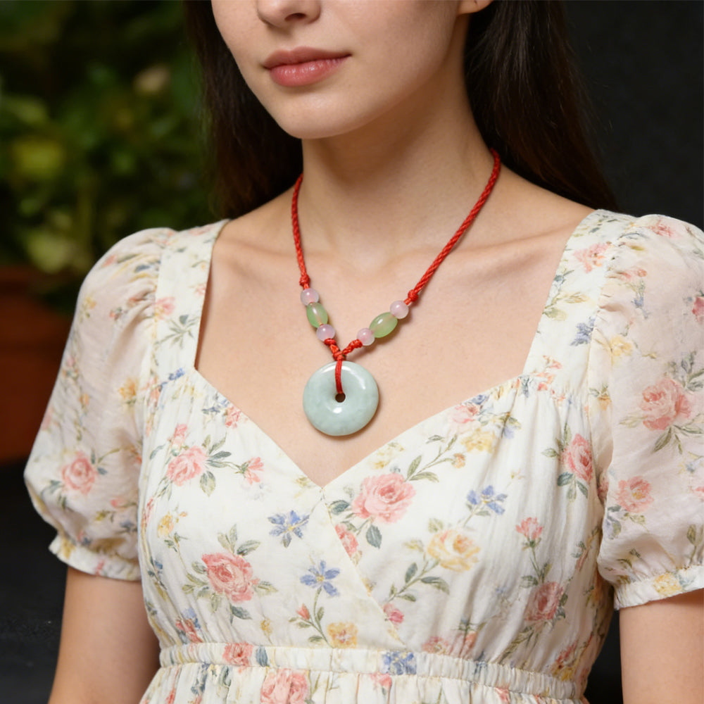 Natural Jadeite Peace Donut Pendant Necklace | Healing Crystal Stone & Adjustable Braided Cord