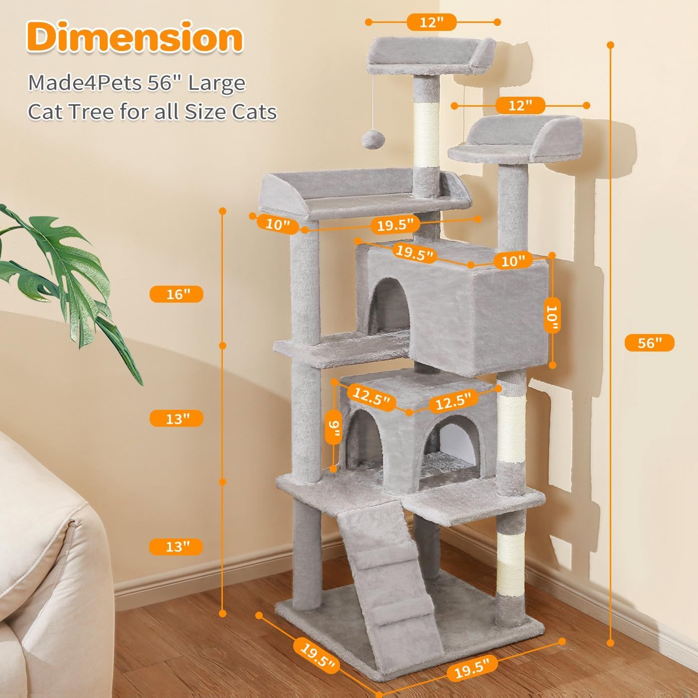 56" Multi-Level Cat Tree Tower with Scratching Posts, Cozy Condos & Hanging Toys – Light Gray