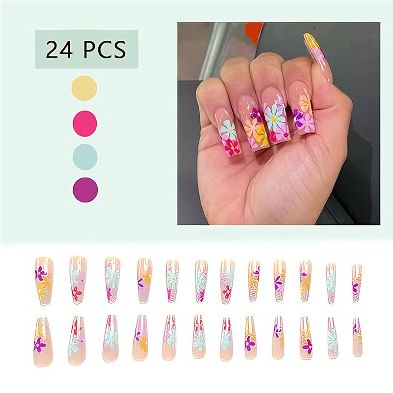 Press On Nails – Long Square Floral Design | 24pc Salon-Quality Set with Glue & Adhesive