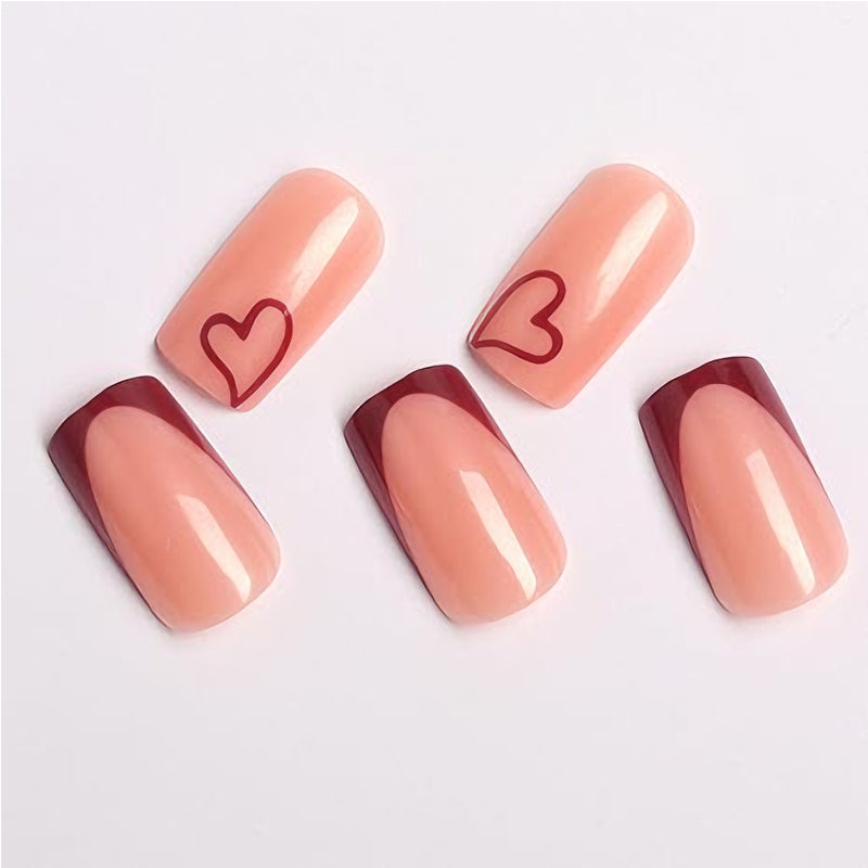 24 PCS Valentine's Day Press On Nails – French Tip Wine Red Heart False Nail Set