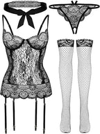 4-Piece Lace Babydoll Lingerie Set – Sheer Bodysuit, Thong, Stockings & Eye Mask