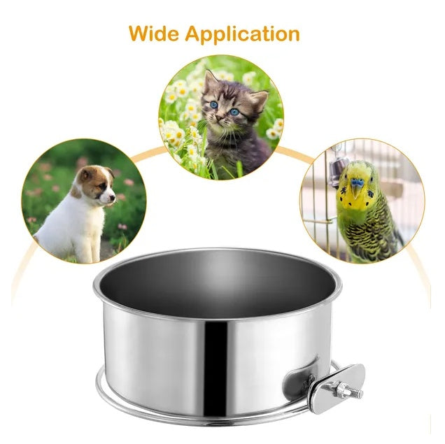 Stainless Steel Crate Bowl – Removable Hanging Feeder with Secure Clamp for Dogs & Cats, Medium