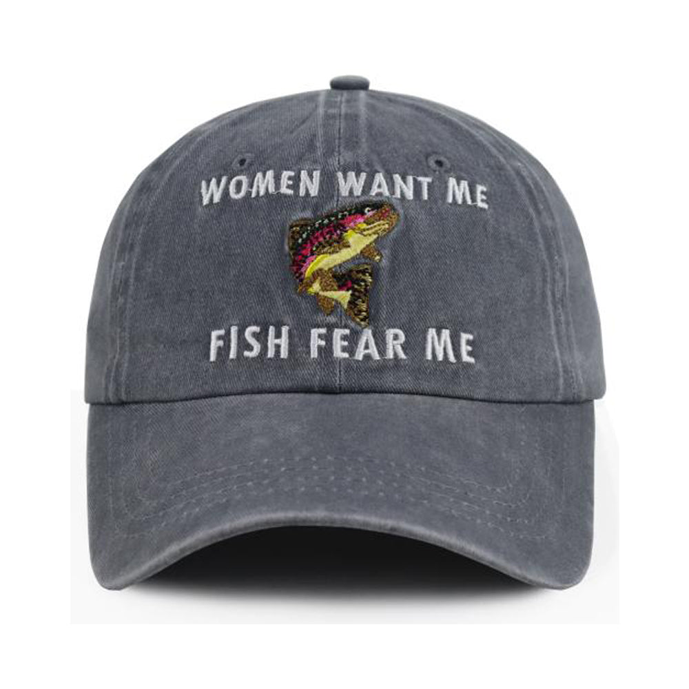Fish Fear Me Embroidered Baseball Cap - Adjustable Cotton Fishing Hat