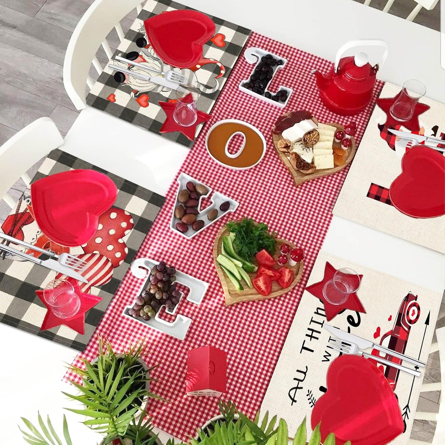 Valentine's Day Gnome Placemats Set of 4 - 17x12.5 Inch Heart Pattern Table Mats