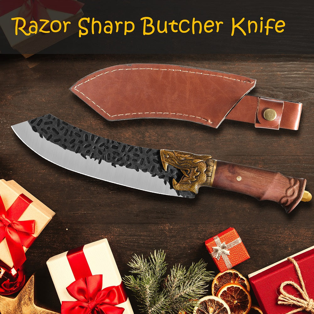 Hand Forged Boning Knife with Dragon Handle - 7Cr17MOV Carbon Steel Blade with Leather Sheath for Hunting, Camping & Filleting