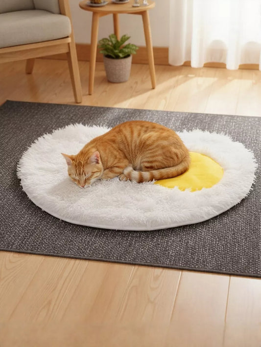 Fried Egg Design Plush Pet Mat | Cute Novelty Sleeping Mat for Dogs & Cats