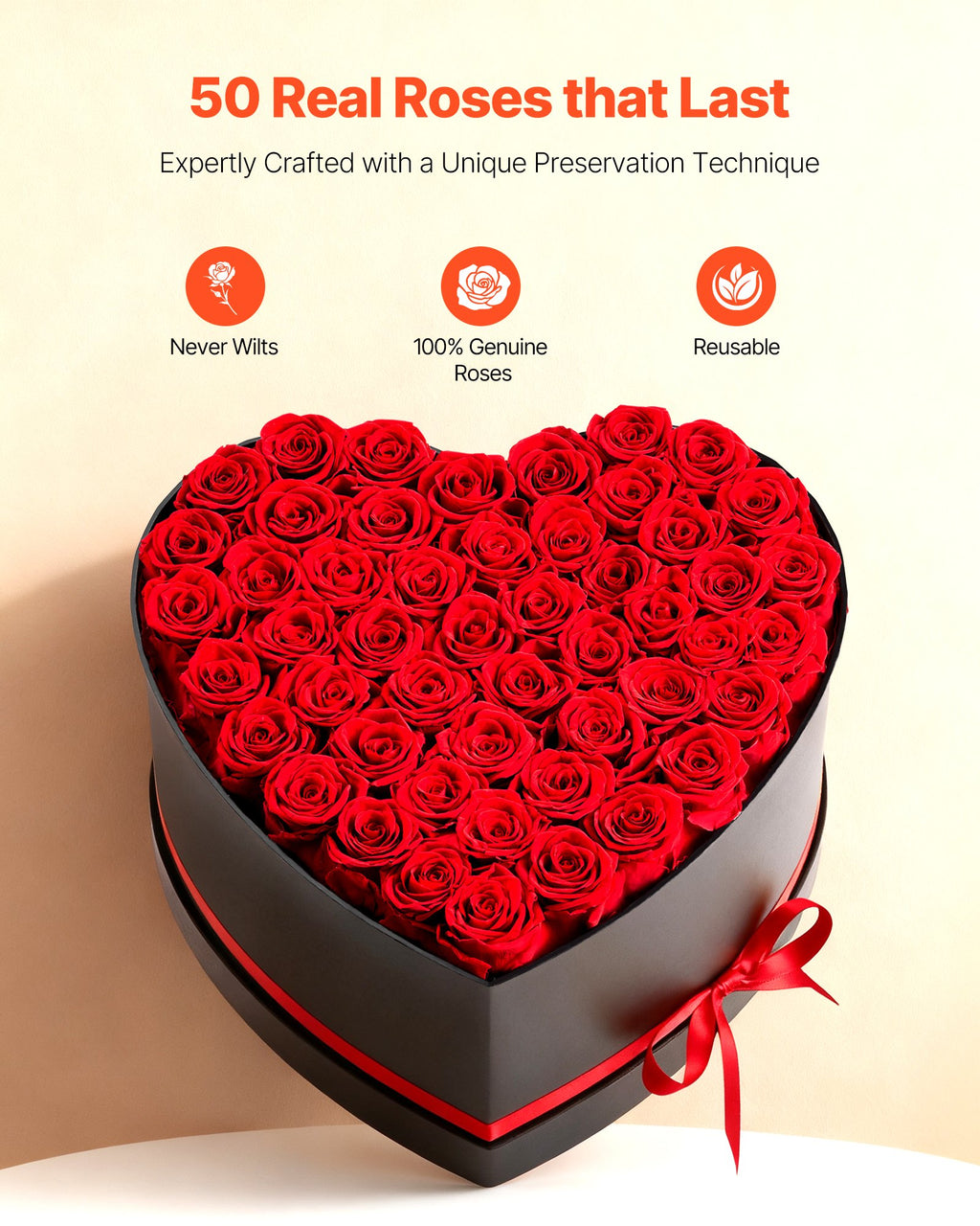 50 Preserved Roses in Heart-Shaped Box – Forever Flowers, Lasts Up to 3 Years
