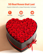 50 Preserved Roses in Heart-Shaped Box – Forever Flowers, Lasts Up to 3 Years