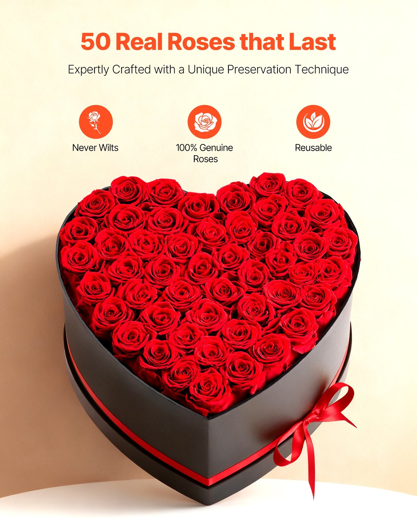 50 Preserved Roses in Heart-Shaped Box – Forever Flowers, Lasts Up to 3 Years