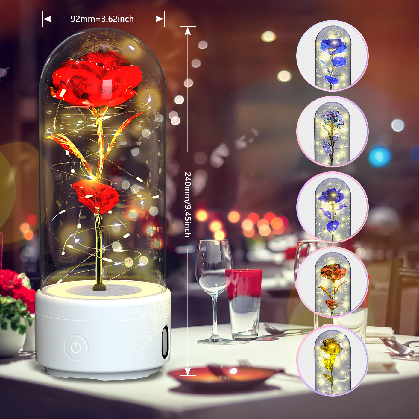 Enchanted Rose LED Light with Bluetooth Speaker - Romantic Glass Dome Night Light for Valentine's Day & Home Decor