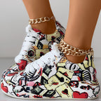 Women's Geometric Print Low-Top Sneakers | Lace-Up Casual Shoes with Thick Rubber Sole