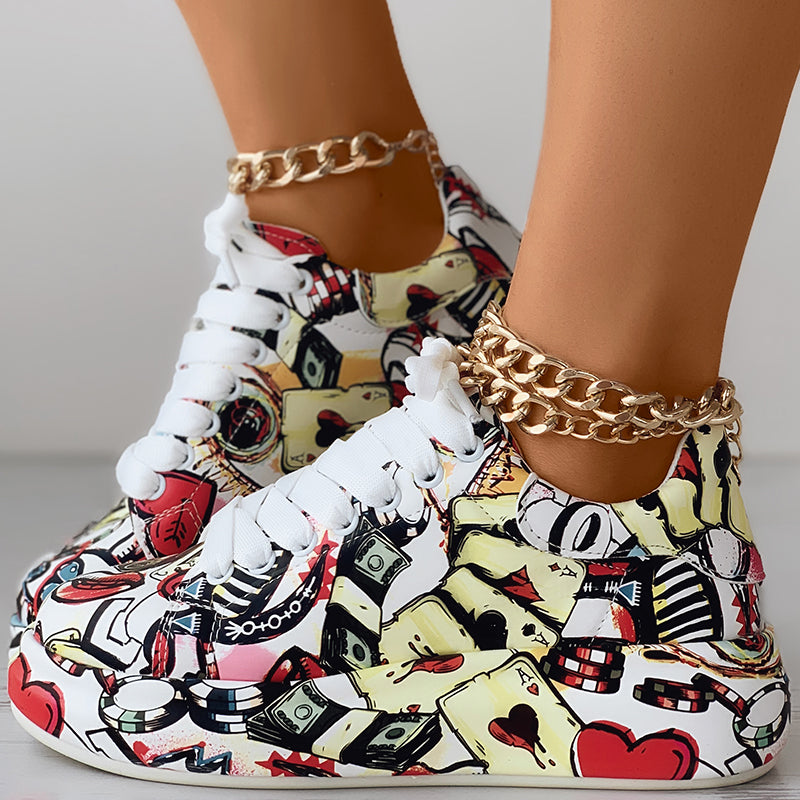 Women's Geometric Print Low-Top Sneakers | Lace-Up Casual Shoes with Thick Rubber Sole