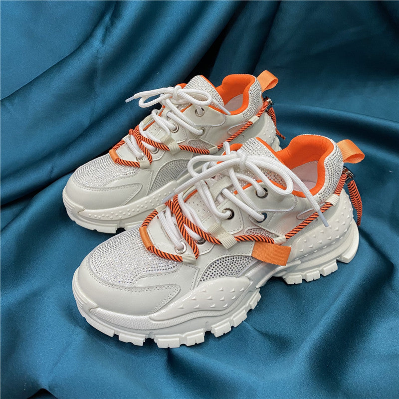 Women's Rhinestone Platform Dad Sneakers | Leather Cross-Strap Chunky Shoes – 2 Colors