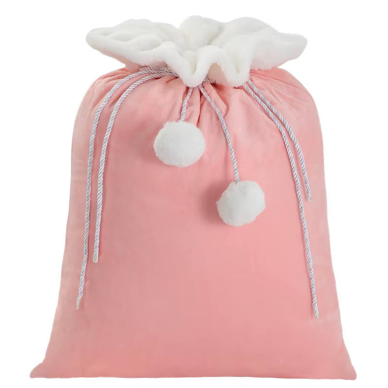 Plush Christmas Santa Sack Cord Drawstring with Pom Pom for Kids Luxury Xmas Gift Bag Merry Christmas