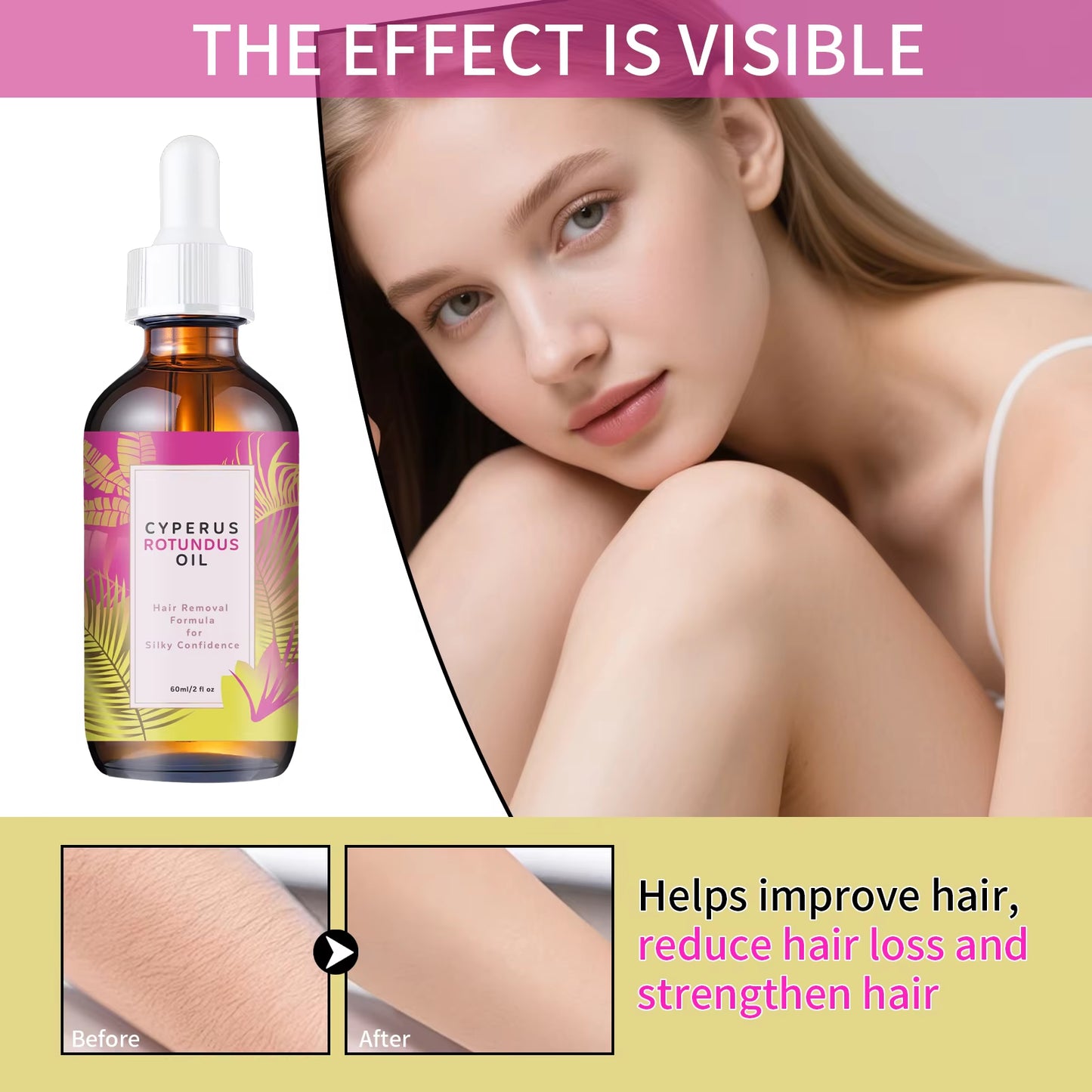 Hair Removal Oil 60Ml - Natural Hair Growth Inhibitor with Jojoba & Almond Oil, Gentle Formula for Smooth Skin, All Body Areas