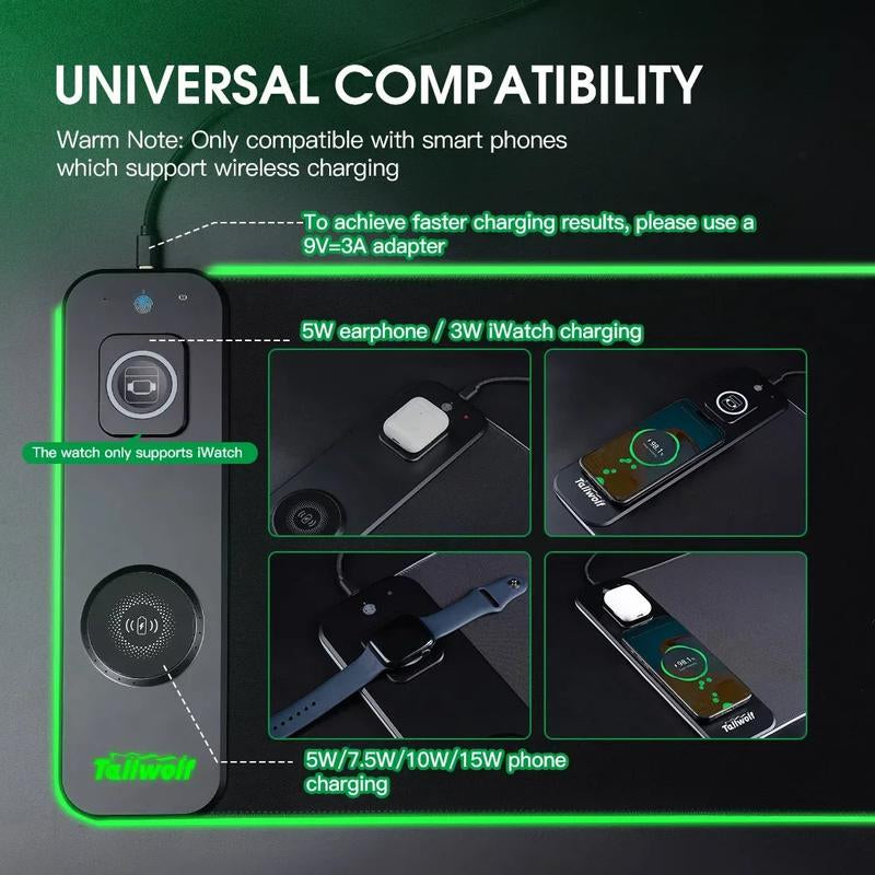 3-In-1 Magnetic Wireless Charging RGB Gaming Mouse Pad Oversized Customized with 11 Static Colors & Polar Light Effect Mode