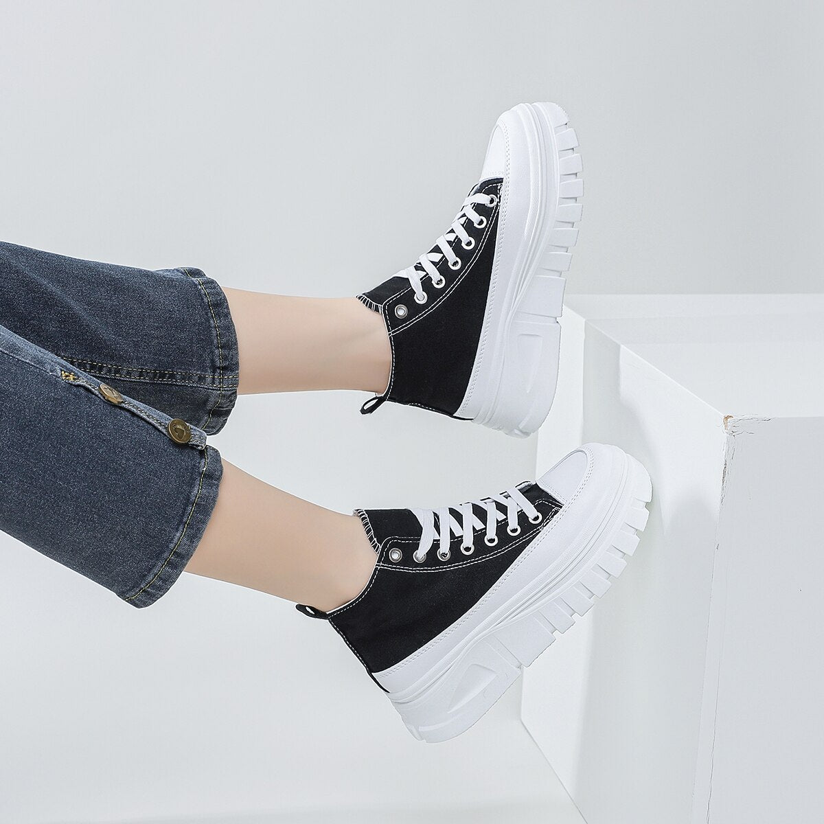 Women's High-Top Flatform Canvas Sneakers | Lace-Up T-Strap Shoes in Black