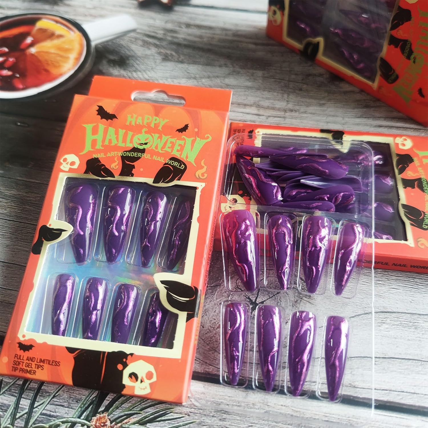 Press On Nails - Purple Glitter Long Stiletto False Nails 24pc with Adhesive