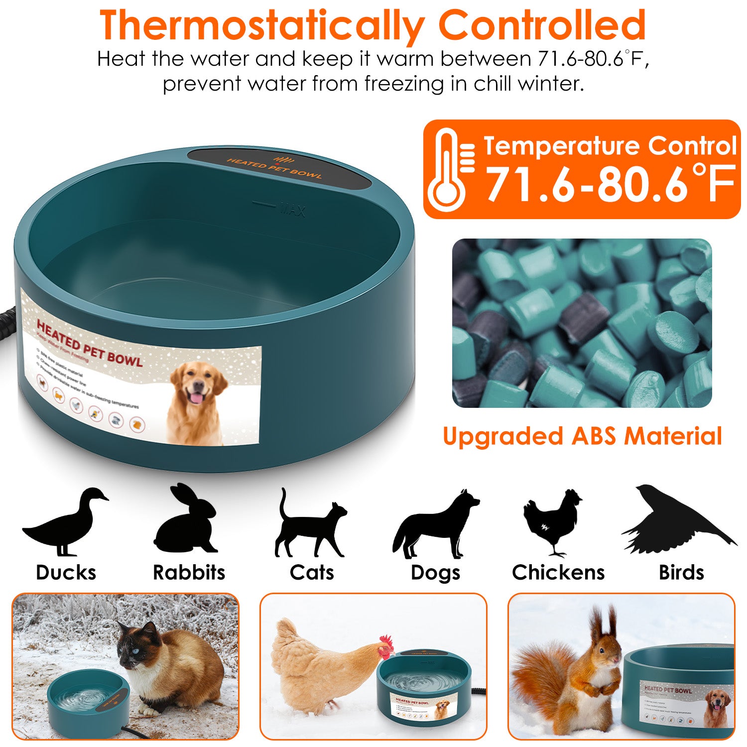 Heated Pet Water Bowl - 74oz Thermostat Controlled, Anti-Freeze for Dogs & Cats