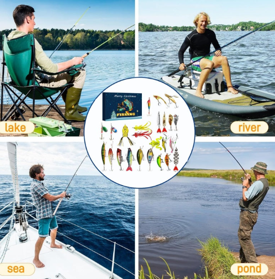 PLUSINNO Fishing Advent Calendar | 24-Day Fishing Lure Gift Set for Men & Boys | Christmas Gift