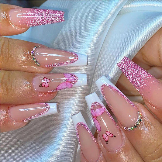 Glitter Butterfly Press On Nails – 24 Piece Long Square False Nails