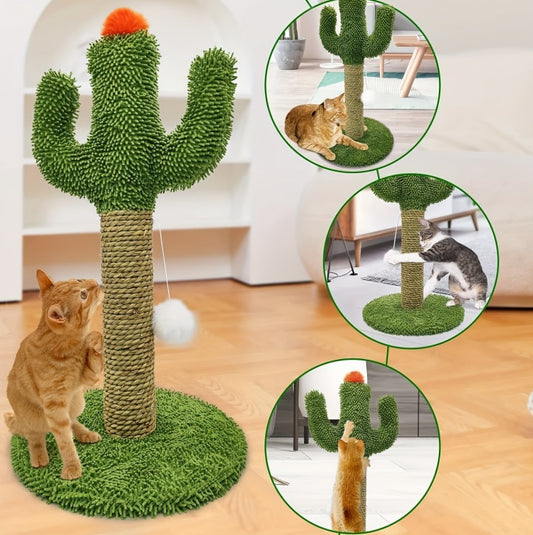Cactus Cat Tree - Natural Sisal Scratching Post with Solid Wood Base & Hanging Toy for Indoor Cats