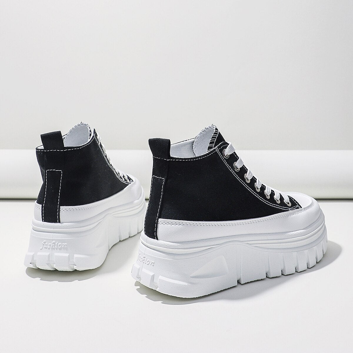 Women's High-Top Flatform Canvas Sneakers | Lace-Up T-Strap Shoes in Black