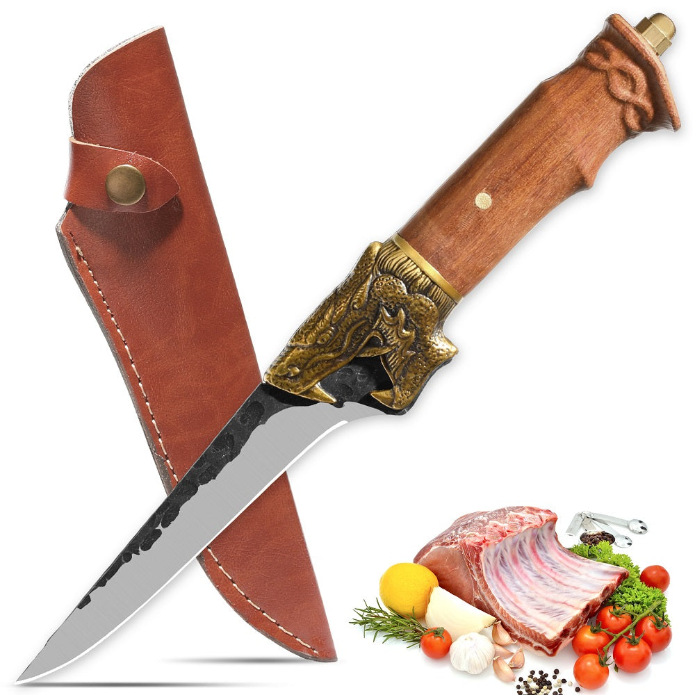 Hand Forged Boning Knife with Dragon Handle - 7Cr17MOV Carbon Steel Blade with Leather Sheath for Hunting, Camping & Filleting