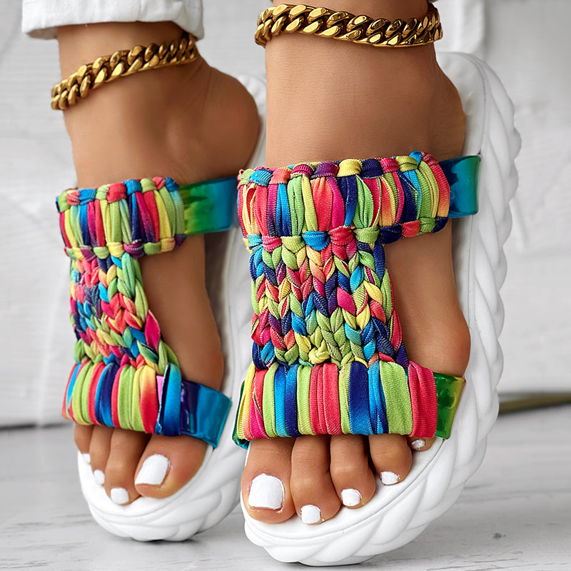 Women's Rainbow Stripe Platform Sandals - Breathable Summer Slides