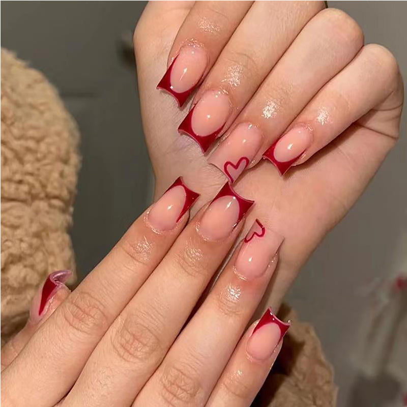 24 PCS Valentine's Day Press On Nails – French Tip Wine Red Heart False Nail Set