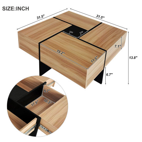 Square Coffee Table with Hidden Storage - 31.5" Extendable Sliding Top, High-Gloss Brown Finish