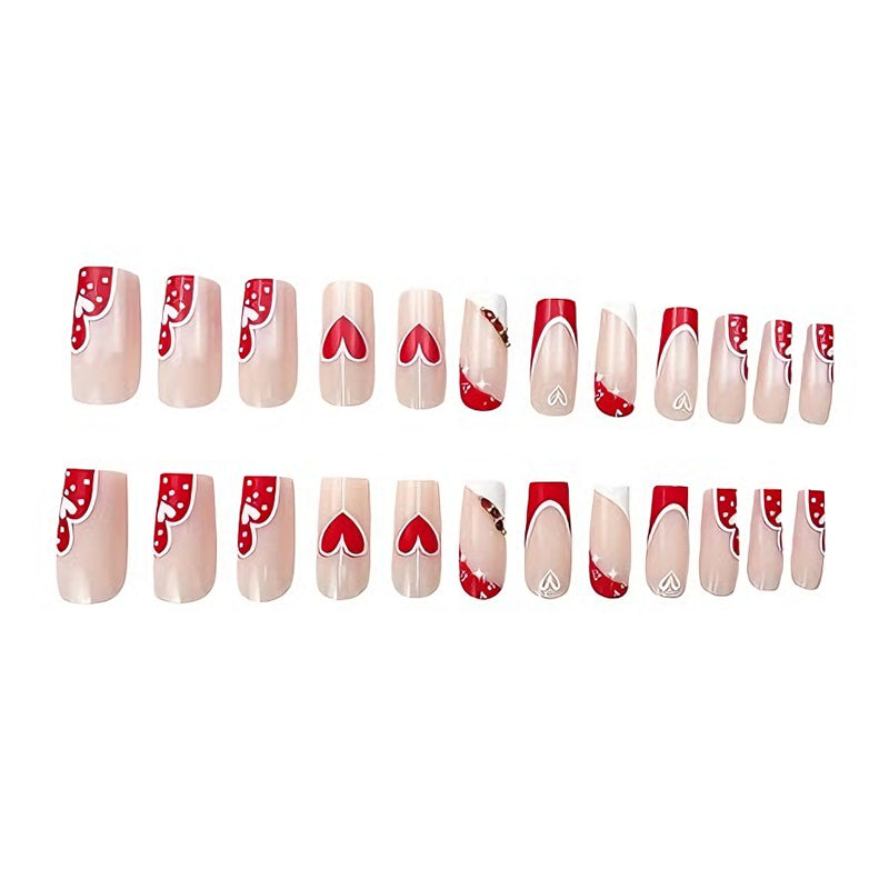 24 PCS Red & White Heart Press-On Nails | Long Square Fake Nail Tips