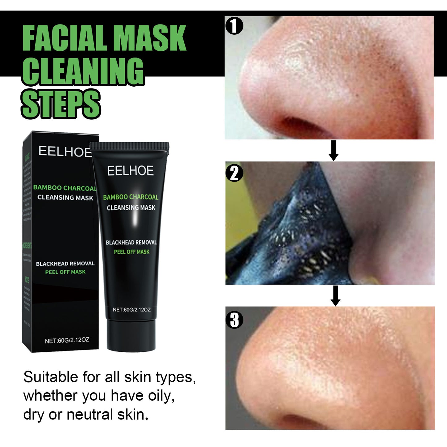 Bamboo Charcoal Peel Off Face Mask - Deep Pore Cleansing Blackhead Remover for Clear Skin