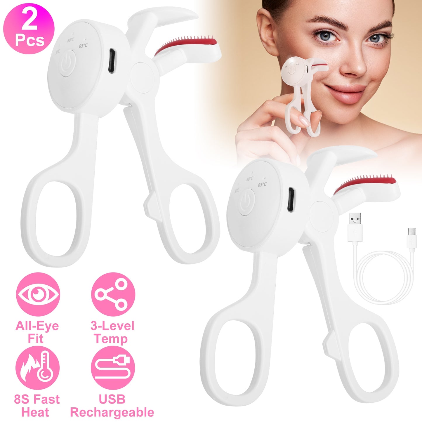 Heated Eyelash Curler - USB Rechargeable Electric Lash Curler with 3 Heat Settings